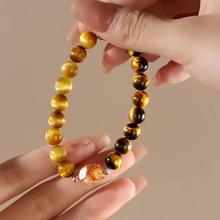 Buddha Stones Natural Yellow Black Tiger Eye Citrine Strength Bracelet