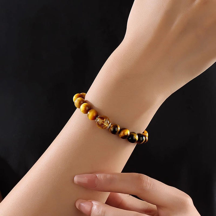 Buddha Stones Natural Yellow Black Tiger Eye Citrine Strength Bracelet