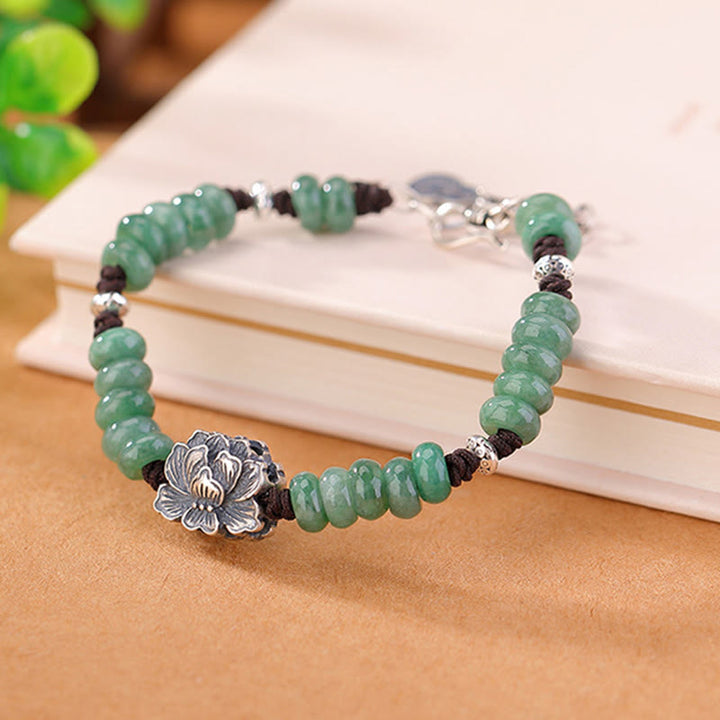 Buddha Stones 925 Sterling Silver Natural Jade Lotus Luck Peace And Joy Bracelet