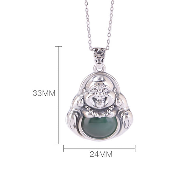 Buddha Stones 999 Sterling Silver Laughing Buddha Cyan Jade Lotus Success Necklace Chain Pendant - image 6