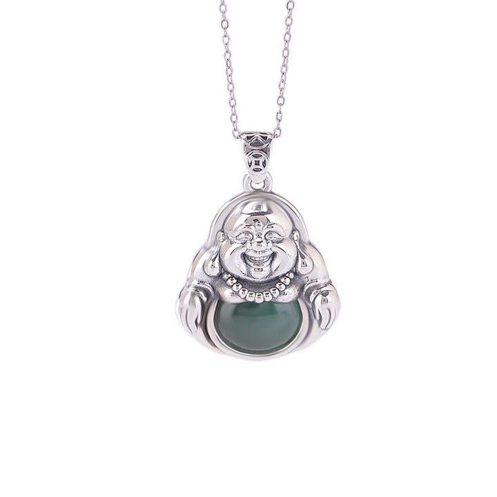 Buddha Stones 999 Sterling Silver Laughing Buddha Cyan Jade Lotus Success Necklace Chain Pendant - image 6