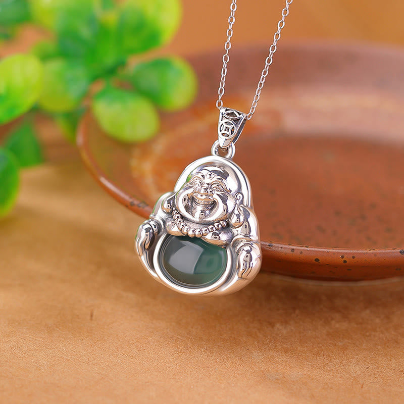 Buddha Stones 999 Sterling Silver Laughing Buddha Cyan Jade Lotus Success Necklace Chain Pendant - Cyan Jade(Success♥Healing) - image 1