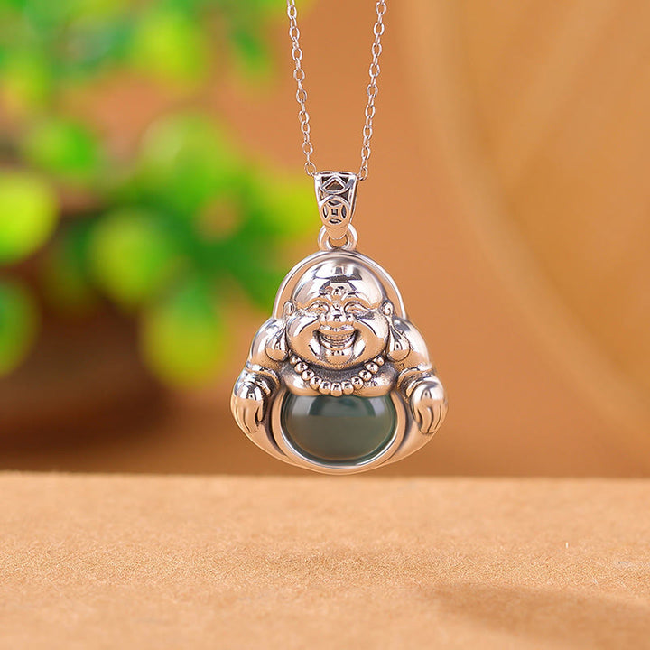 Buddha Stones 999 Sterling Silver Laughing Buddha Cyan Jade Lotus Success Necklace Chain Pendant - image 1