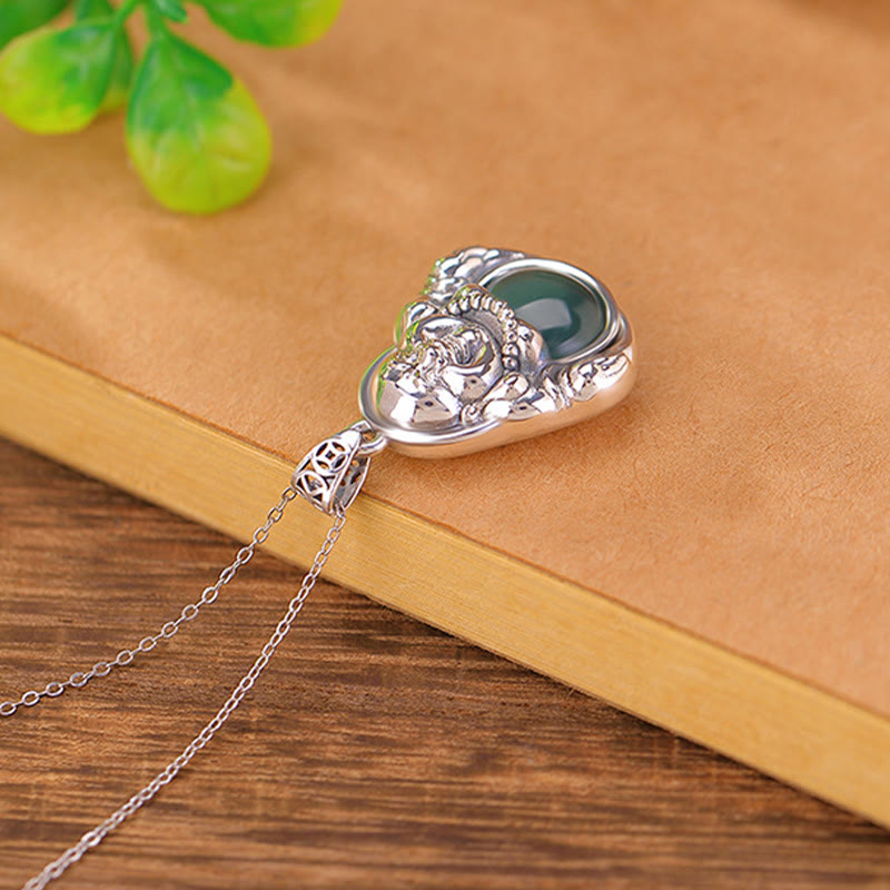 Buddha Stones 999 Sterling Silver Laughing Buddha Cyan Jade Lotus Success Necklace Chain Pendant - image 2