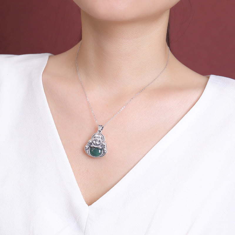 Buddha Stones 999 Sterling Silver Laughing Buddha Cyan Jade Lotus Success Necklace Chain Pendant - image 5
