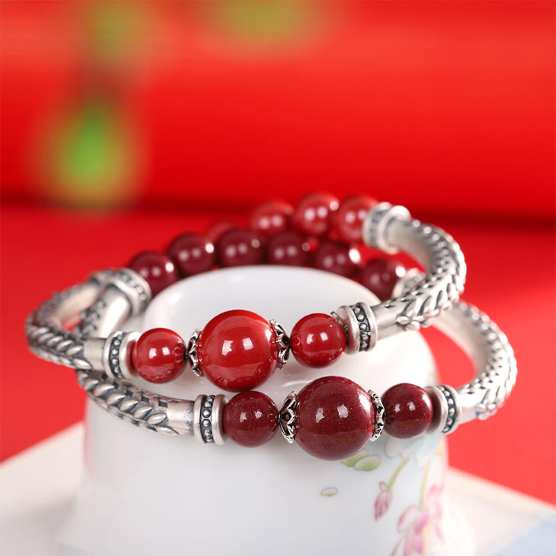 Buddha Stones 999 Sterling Silver Cinnabar Wheat Ears Blessing Bracelet Bangle