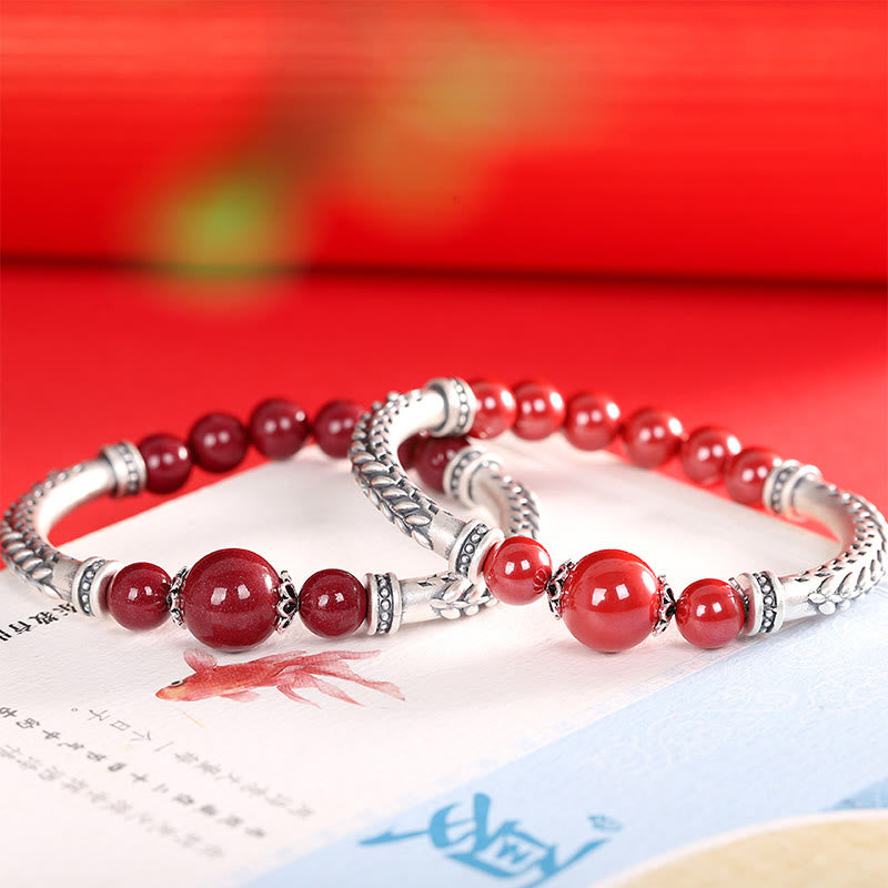 Buddha Stones 999 Sterling Silver Cinnabar Wheat Ears Blessing Bracelet Bangle