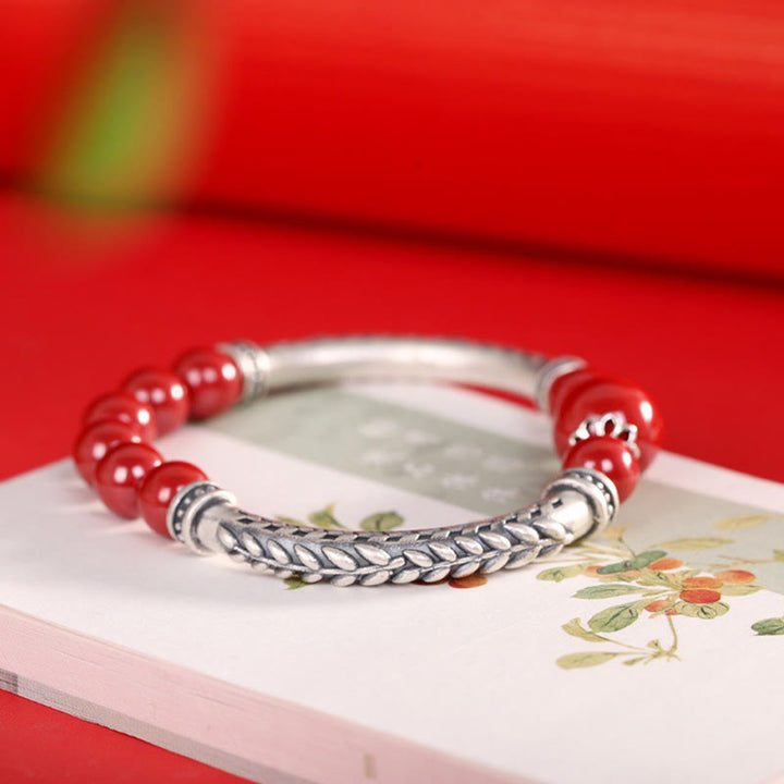 Buddha Stones 999 Sterling Silver Cinnabar Wheat Ears Blessing Bracelet Bangle - image 3