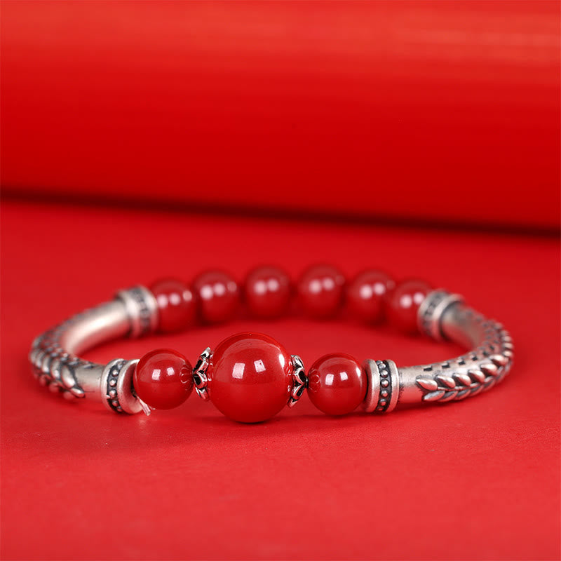 Buddha Stones 999 Sterling Silver Cinnabar Wheat Ears Blessing Bracelet Bangle - image 5