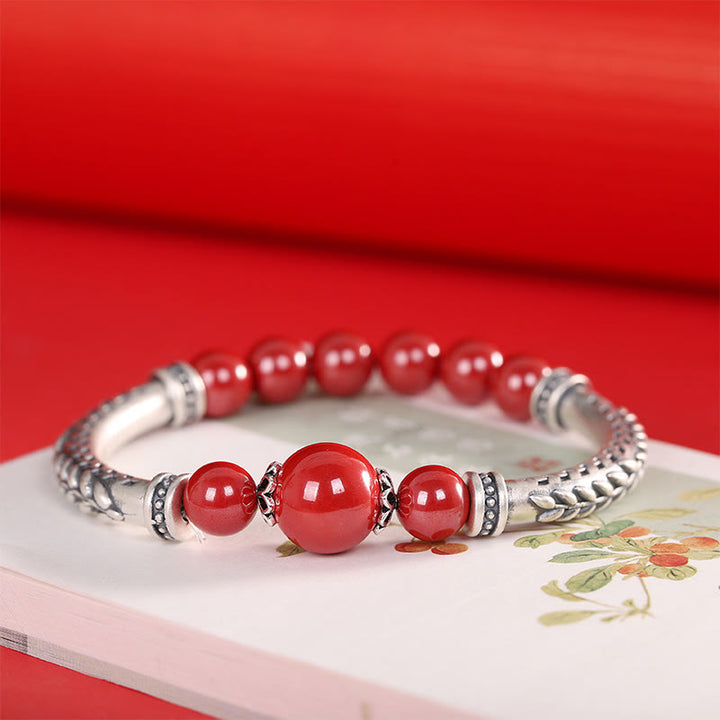 Buddha Stones 999 Sterling Silver Cinnabar Wheat Ears Blessing Bracelet Bangle - Red Cinnabar(Wrist Circumference: 14-16cm) - image 0