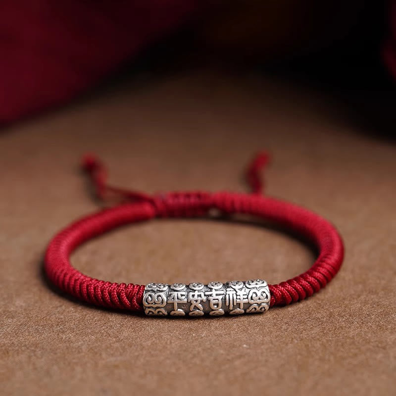 Buddha Stones Handmade 999 Sterling Silver Peace and Good Fortune Om Mani Padme Hum Luck Rope Bracelet - Dark Red(Wrist Circumference 14-20cm) - Peace and Good Fortune - image 0