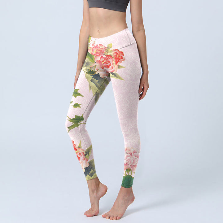 Buddha Stones Hibiscus Flowers And Leaves Print Gym Leggings Women's Yoga Pants