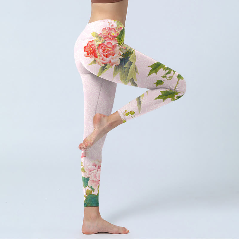 Buddha Stones Hibiscus Flowers And Leaves Print Gym Leggings Women's Yoga Pants