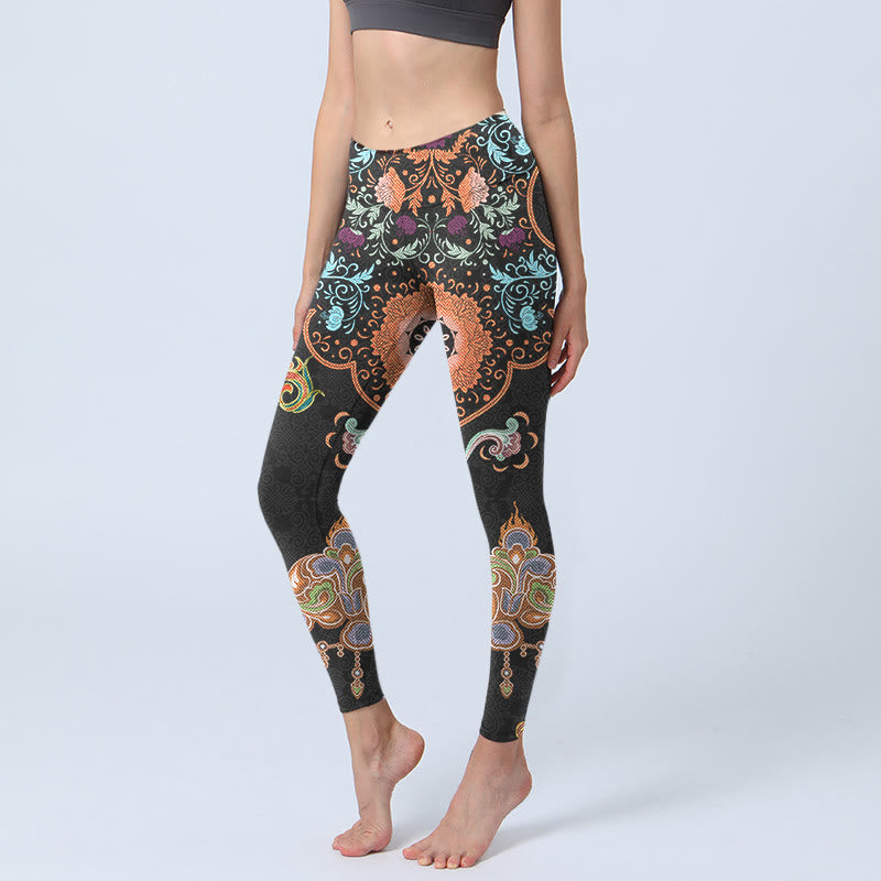 Buddha Stones Mandala Auspicious Clouds Print Gym Leggings Women's Yoga Pants - Black - US18，UK/AU22，EU50 (4XL) - image 0
