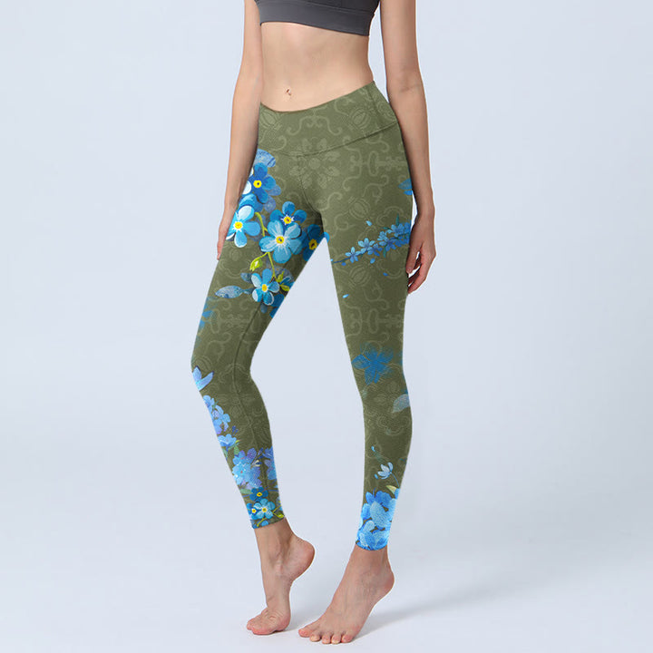 Buddha Stones Blue Flowers Butterflies Print Gym Leggings Women's Yoga Pants