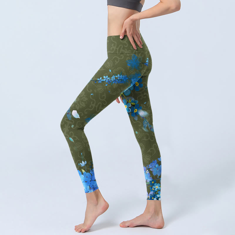 Buddha Stones Blue Flowers Butterflies Print Gym Leggings Women's Yoga Pants