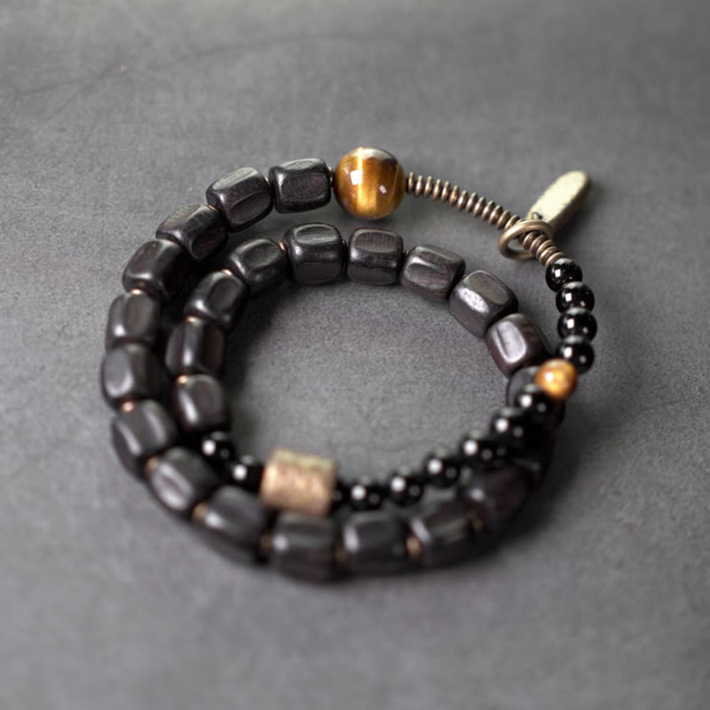 Buddha Stones Ebony Wood Copper Brass Tiger Eye Peace Double Wrap Bracelet