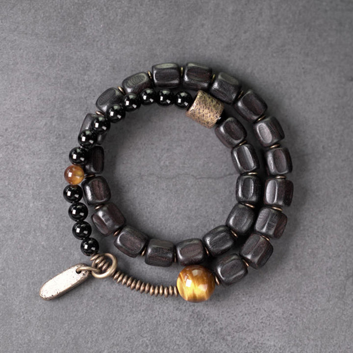 Buddha Stones Ebony Wood Copper Brass Tiger Eye Peace Double Wrap Bracelet