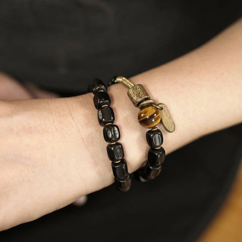 Buddha Stones Ebony Wood Copper Brass Tiger Eye Peace Double Wrap Bracelet