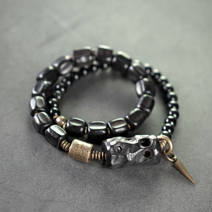 Buddha Stones Ebony Wood Black Obsidian Copper Brass Peace Double Wrap Bracelet