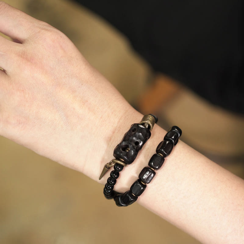 Buddha Stones Ebony Wood Black Obsidian Copper Brass Peace Double Wrap Bracelet