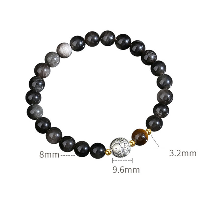 Buddha Stones Black Obsidian 999 Sterling Silver Tiger Eye 925 Sterling Silver Koi Fish Purification Bracelet