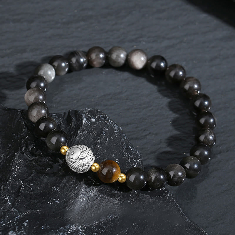 Buddha Stones Black Obsidian 999 Sterling Silver Tiger Eye 925 Sterling Silver Koi Fish Purification Bracelet