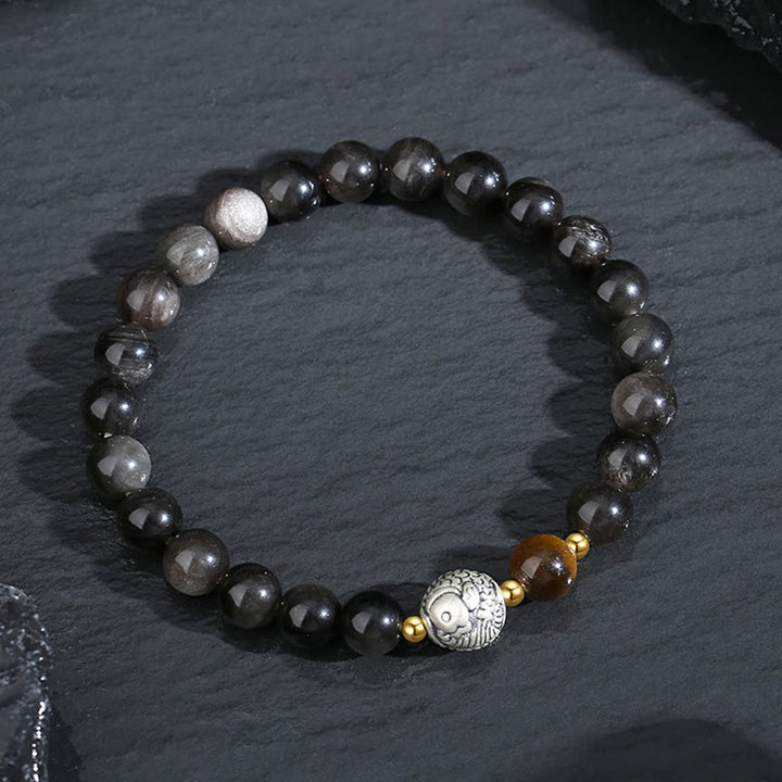 Buddha Stones Black Obsidian 999 Sterling Silver Tiger Eye 925 Sterling Silver Koi Fish Purification Bracelet