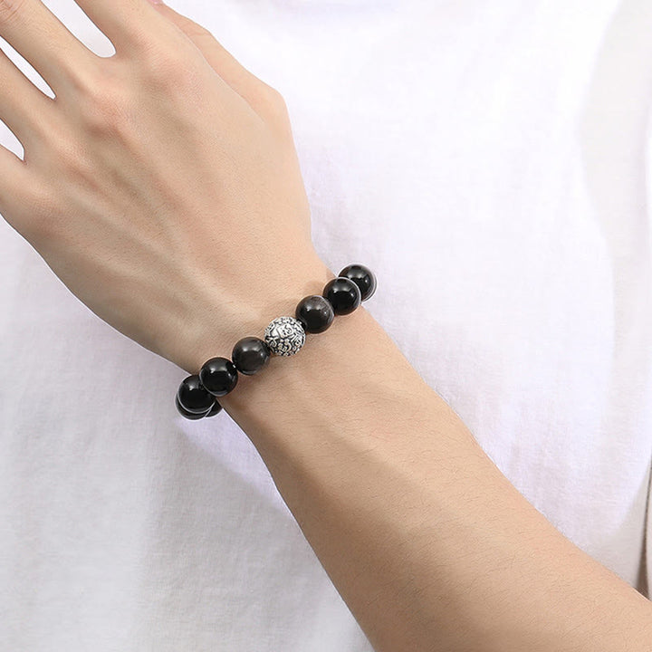 Buddha Stones Black Obsidian 999 Sterling Silver Purification Fu Character Transformation Bracelet