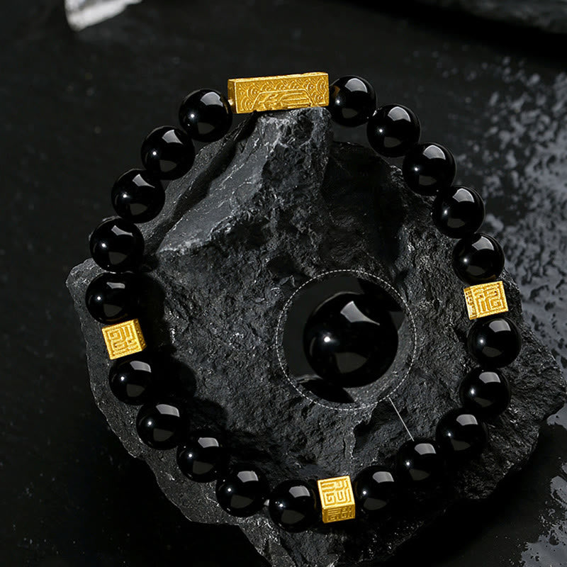 Buddha Stones Black Obsidian 925 Sterling Silver Fu Character Cube Strength Bracelet - image 4