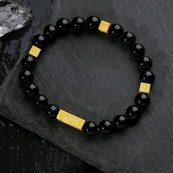 Buddha Stones Black Obsidian 925 Sterling Silver Fu Character Cube Strength Bracelet - Black Obsidian Golden(Wrist Circumference: 17-19cm) - image 0