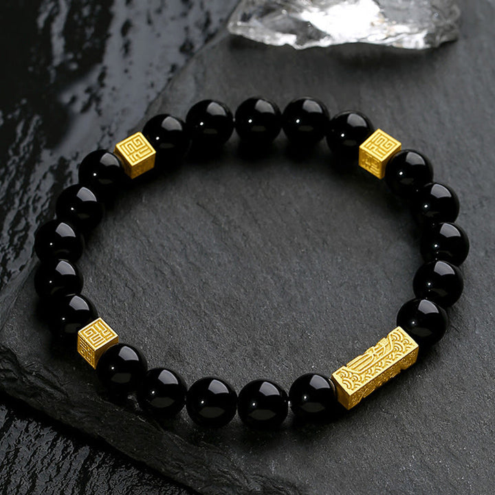 Buddha Stones Black Obsidian 925 Sterling Silver Fu Character Cube Strength Bracelet - image 2