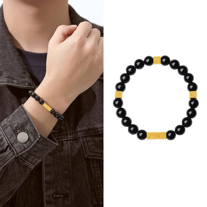 Buddha Stones Black Obsidian 925 Sterling Silver Fu Character Cube Strength Bracelet - image 10