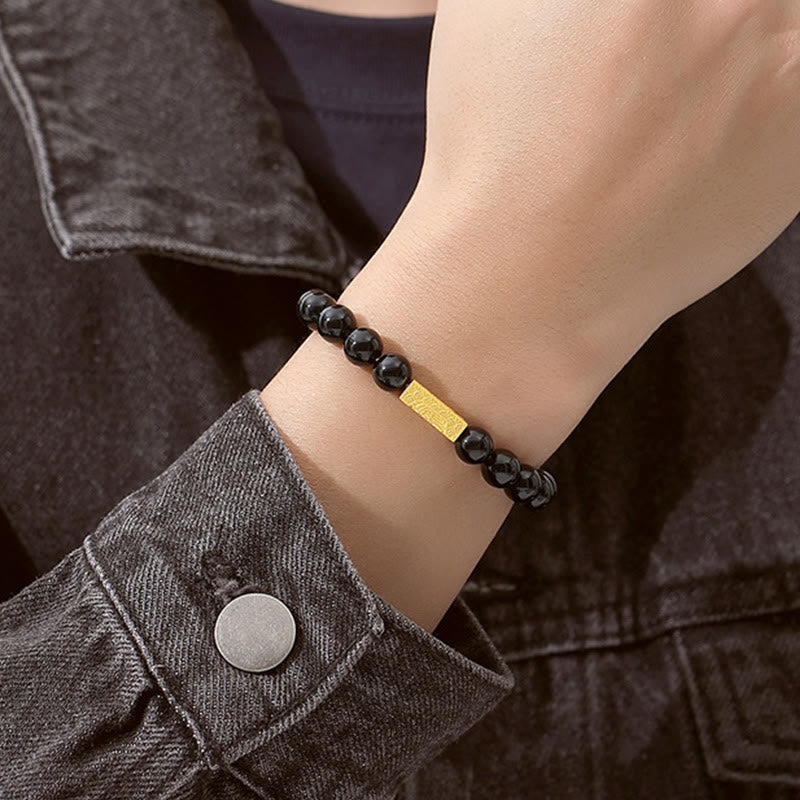 Buddha Stones Black Obsidian 925 Sterling Silver Fu Character Cube Strength Bracelet - image 8