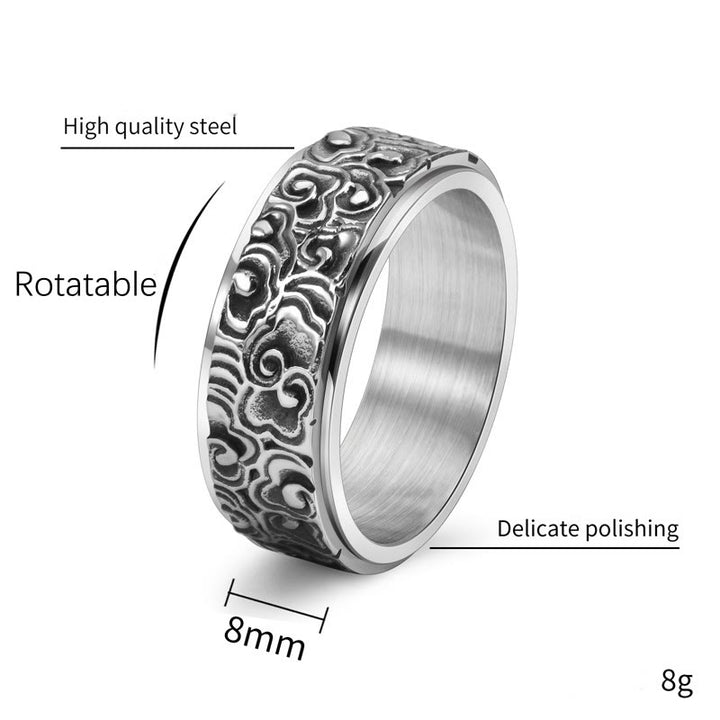 Buddha Stones Auspicious Clouds Pattern Carved Titanium Steel Balance Rotatable Ring