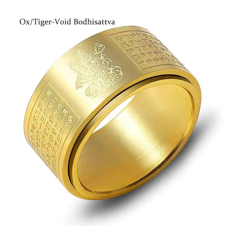 Buddha Stones Chinese Zodiac Natal Buddha Heart Sutra Carved Titanium Steel Calm Rotatable Ring