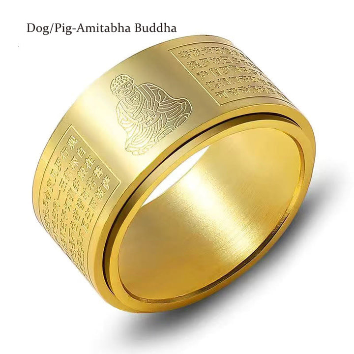 Buddha Stones Chinese Zodiac Natal Buddha Heart Sutra Carved Titanium Steel Calm Rotatable Ring