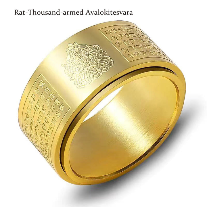 Buddha Stones Chinese Zodiac Natal Buddha Heart Sutra Carved Titanium Steel Calm Rotatable Ring