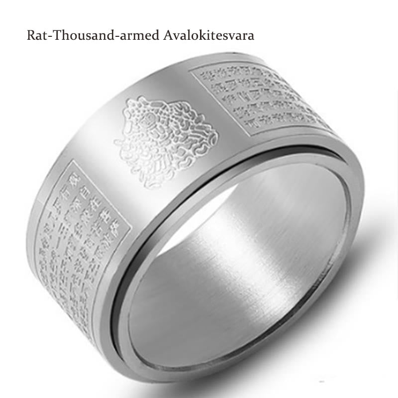 Buddha Stones Chinese Zodiac Natal Buddha Heart Sutra Carved Titanium Steel Calm Rotatable Ring