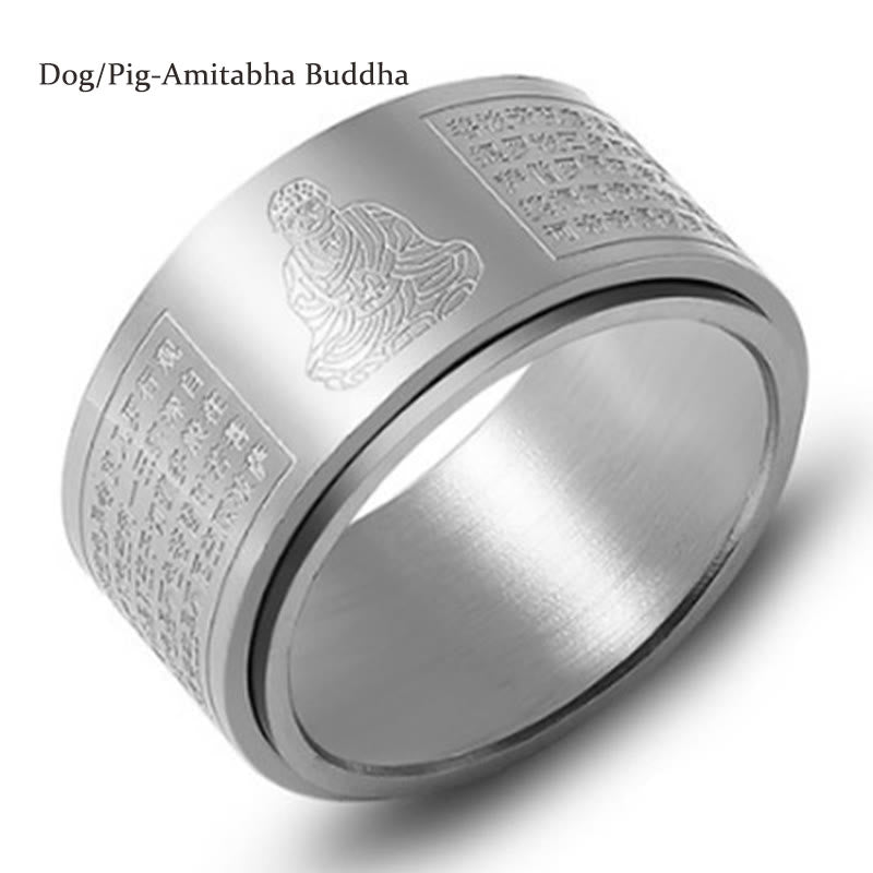 Buddha Stones Chinese Zodiac Natal Buddha Heart Sutra Carved Titanium Steel Calm Rotatable Ring