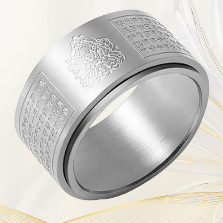 Buddha Stones Chinese Zodiac Natal Buddha Heart Sutra Carved Titanium Steel Calm Rotatable Ring