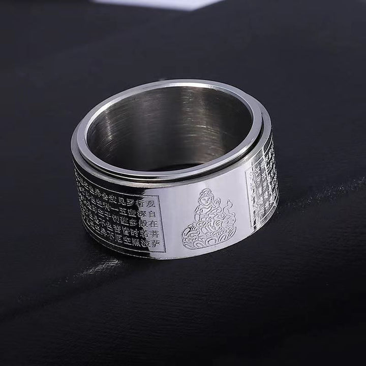 Buddha Stones Chinese Zodiac Natal Buddha Heart Sutra Carved Titanium Steel Calm Rotatable Ring