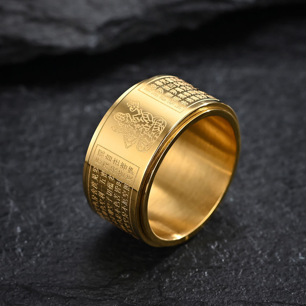 Buddha Stones Chinese Zodiac Natal Buddha Heart Sutra Carved Titanium Steel Calm Rotatable Ring