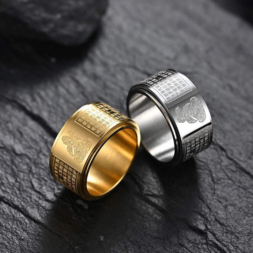 Buddha Stones Chinese Zodiac Natal Buddha Heart Sutra Carved Titanium Steel Calm Rotatable Ring