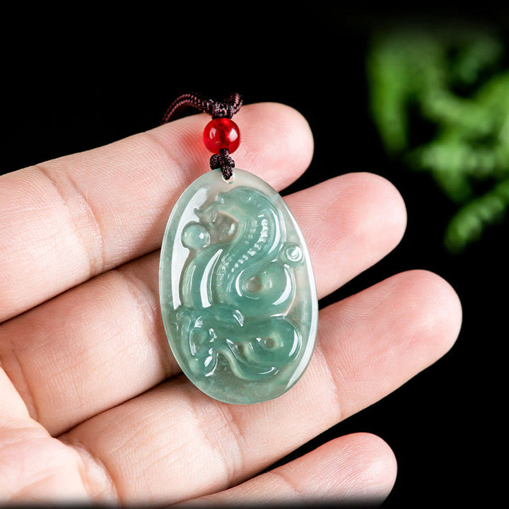 Buddha Stones Natural Jade Oval Year Of The Snake Luck Necklace Pendant