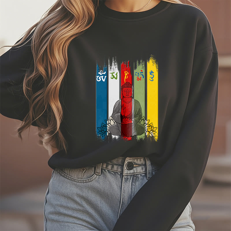 Buddha Stones Six True Words 'Om Mani Padme Hum' Buddha Sitting With Lotus Design Fleece Lined Sweatshirt