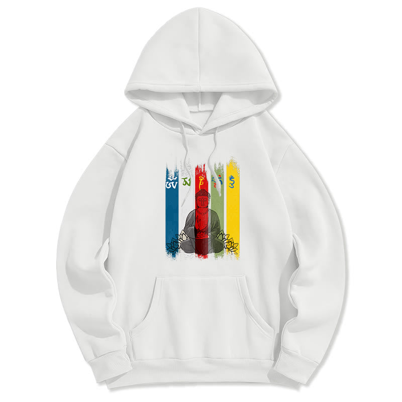 Buddha Stones Six True Words 'Om Mani Padme Hum' Buddha Sitting With Lotus Design Fleece Lined Hoodie