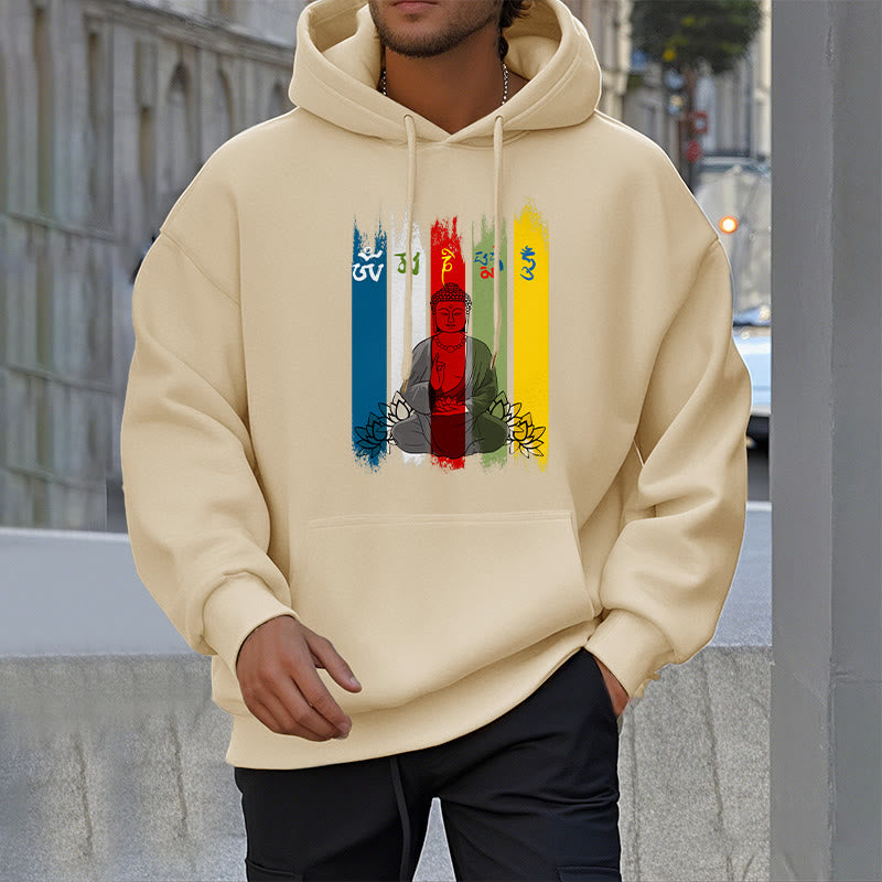 Buddha Stones Six True Words 'Om Mani Padme Hum' Buddha Sitting With Lotus Design Fleece Lined Hoodie