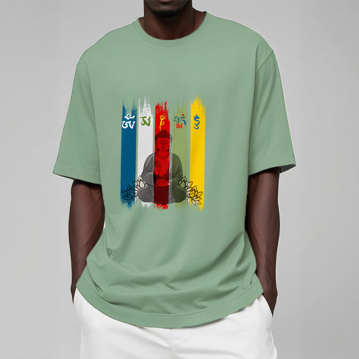 Buddha Stones Six True Words 'Om Mani Padme Hum' Buddha Sitting With Lotus Cotton Tee T-shirt