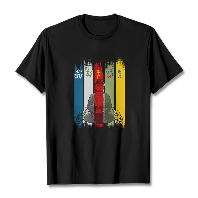Buddha Stones Six True Words 'Om Mani Padme Hum' Buddha Sitting With Lotus Cotton Tee T-shirt - Black - 2XL - image 3